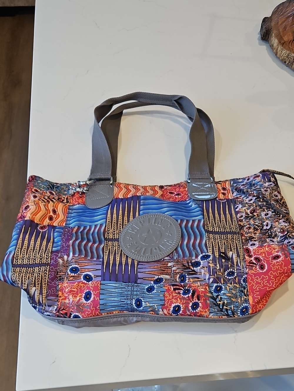 Kipling Multicolor Blue-Pink Patchwork Tote with Gray Handles